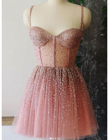 Sparkly Beading Tulle Short Pink Homecoming Prom Dress With Sweetheart Neck