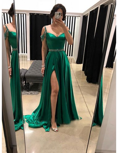Sexy Dark Green Satin Long Slit Party Dress With Off Shoulder Beading Straps