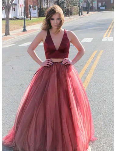 2 Pieces Long Red Tulle Party Dress With V Neck