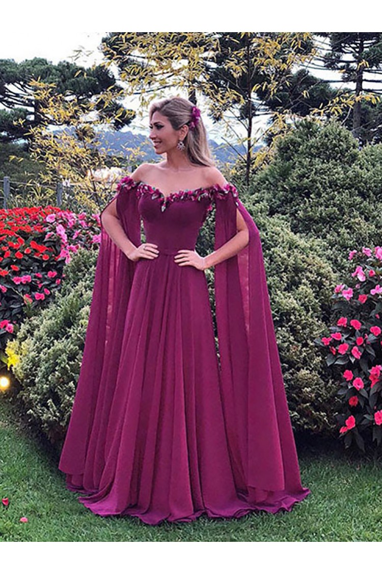 Elegant Fuchsia Long Chiffon Prom Dress With Off Shoulder Flowing Sleeves