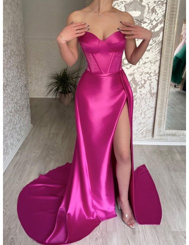 Strapless Sweetheart Fuchsia Tight Fit Formal Dress With Long Slit