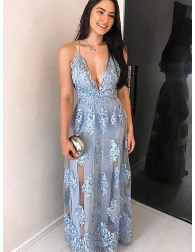 Sexy V Neck Blue Long Lace Party Dress Sleeveless With Spaghetti Straps