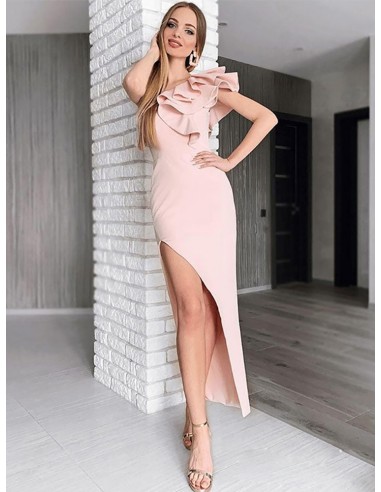 One Shoulder Ruffle Neck Pink Party Dress With Hi-lo Skirt