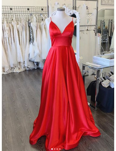 No Back Plain Satin Long Red Party Dress With V Neck