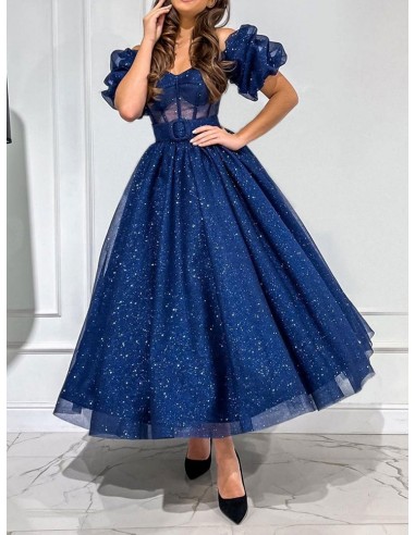 Shiny Navy Blue Tea Length Sequin Prom Dress With Off Shoulder Bubble Sleeves