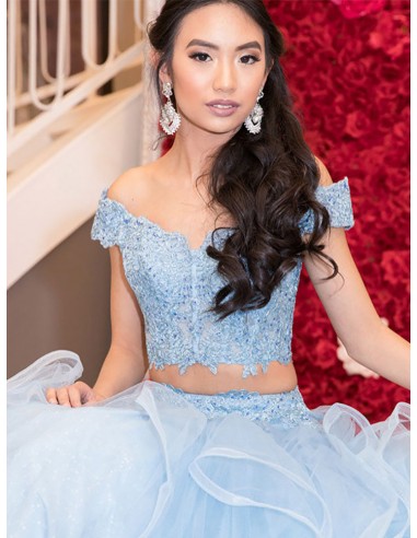 Two Piece Lace Beading Sky Blue Long Tulle Prom Dress With Off Shoulder  Straps - $209.2872 #TZ2339 - SheProm.com