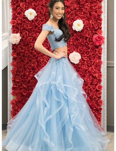Two Piece Lace Beading Sky Blue Long Tulle Prom Dress With Off Shoulder Straps