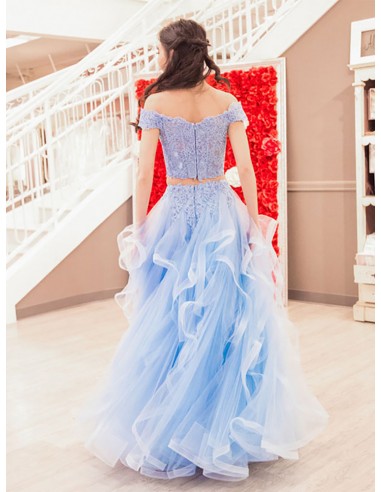 princess polly baby blue dress Two Piece Lace Beading Sky Blue Long Tulle Prom Dress With Off Shoulder  Straps - $209.2872 #TZ2339