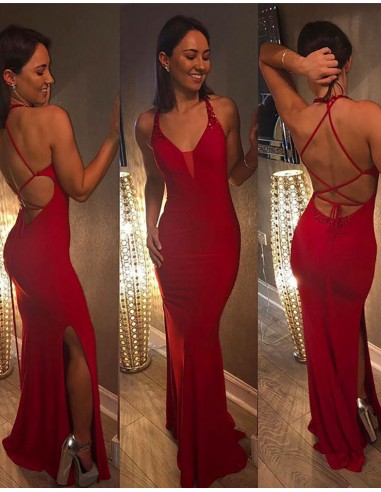 Sexy No Back Mermaid Tight Fit Night Party Dress Long With Slit