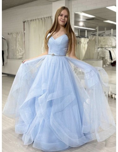 Elegant Shiny Tulle Long Prom Dress With Pleated Bodice