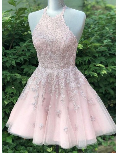 Backless Short Pink Tulle Lace Prom Dress With Halter Neck