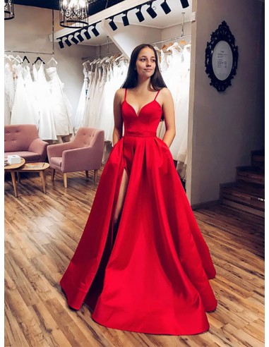 Plain Satin Long Red Pockets Party Dress Sleeveless With Sweetheart Neck