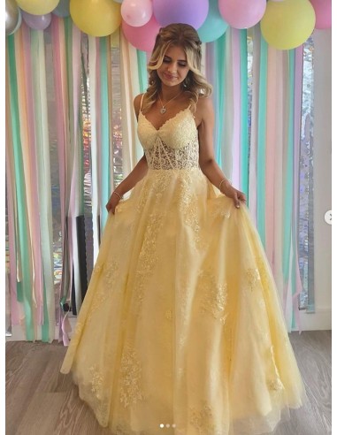 Beautiful Long Tulle Lace Yellow Prom Dress Sleeveless With Sheer Bodice