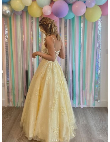 Beautiful Long Tulle Lace Yellow Prom Dress Sleeveless With Sheer Bodice -  $202.6904 #TZ1312 