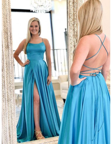 Sexy No Back Long Blue Split Party Formal Dress With String Back