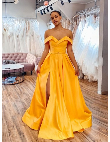 Simple Satin Gold Long Slit Prom Dress With Off Shoulder Straps