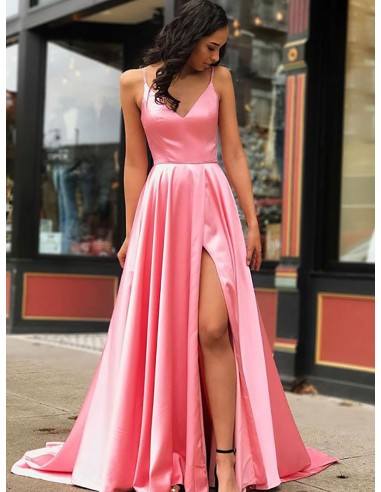 Simple Satin Long Pink Slit Front Formal Evening Dress With Train
