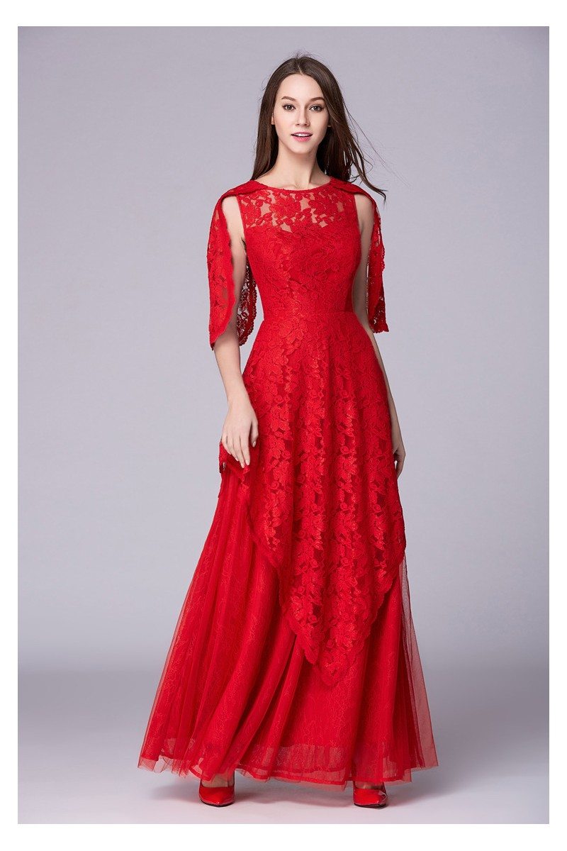Red Cape Sleeve Lace Tulle Long Dress Formal - $124 #CK505 - SheProm.com