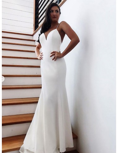 Simple Chiffon Long Slim Trained Sweetheart Wedding Dress With Bow Open Back