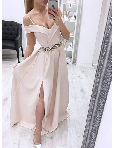 Off Shoulder Long Simple Slit Party Dress With Beading Waist