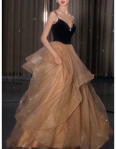 Sleeveless V Neck Black And Gold Long Prom Dress With Sparkles