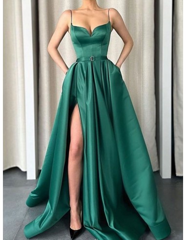 Sexy Green Long Slit Sweetheart Formal Party Dress With Spaghetti Straps
