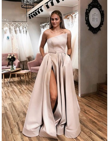 Special Neck Long Satin Formal Evening Dress Sleeveless With Pockets