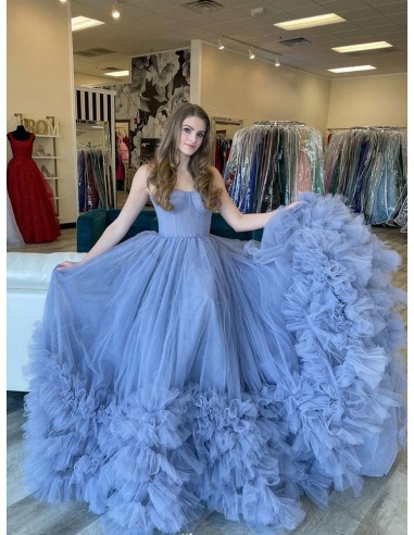 Strapless Long Blue Ballroom Prom Dress With Big Ruffle Skirt