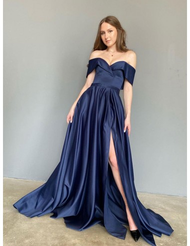 Off Shoulder Simple Satin Navy Blue Long Formal Evening Dress With Slit Front