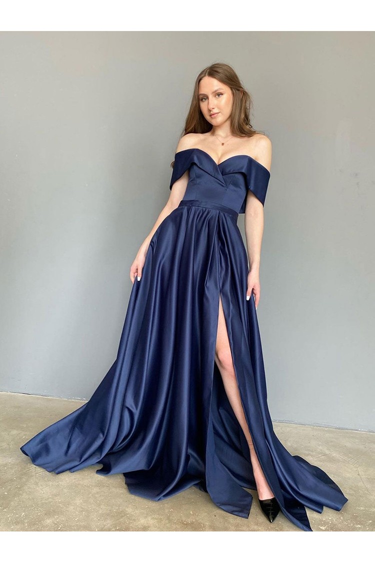 Simple dark blue tea length prom dress, blue tulle homecoming dress – toptby