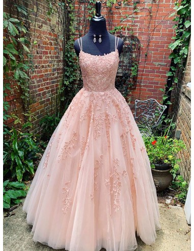 Beautiful Long Pink Tulle Lace Prom Dress With Double Straps