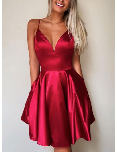 Simple Short Red Satin Party Dress Sleeveless With Pockets