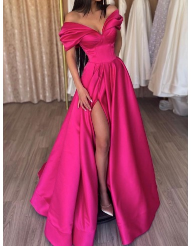 Sexy Off Shoulder Sweetheart Long Satin Fuchsia Formal Dress With Slit