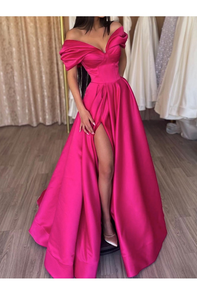Sexy Off Shoulder Sweetheart Long Satin Fuchsia Formal Dress With