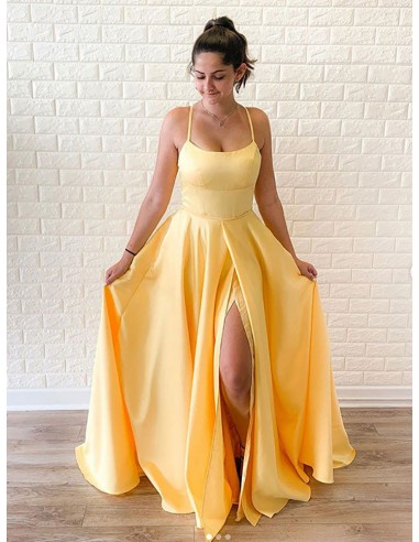 Simple Yellow Long Split Party Dress With Spaghetti Straps Back