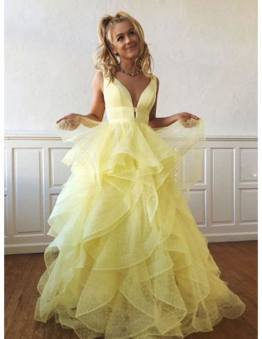 Sexy Deep V Neck Long Ruffle Yellow Prom Dress