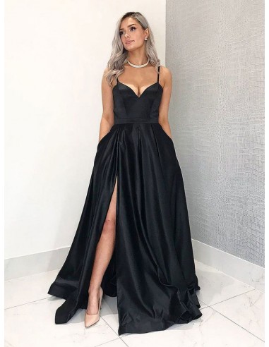 Simple Satin Black Long Slit Formal Dress With Sweetheart Neck
