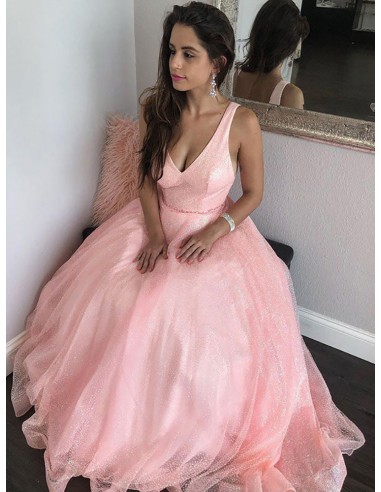 Shiny Tulle Sleeveless Long Pink Beaded Prom Dress With Sweetheart Neck
