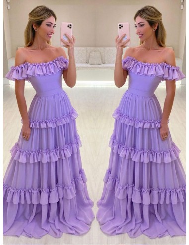 Elegant Lilac Long Layered Party Prom Dress With Off Shoulder Ruffles