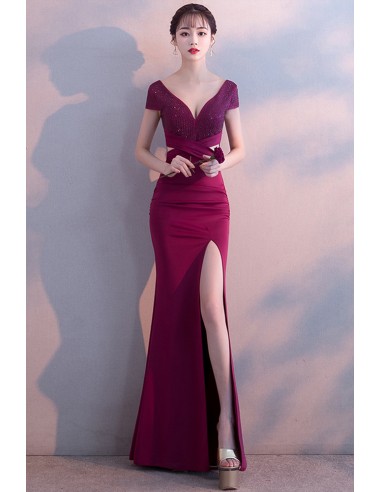 Elegant V-neck Mermaid Bling Evening Gown with Cap Sleeves