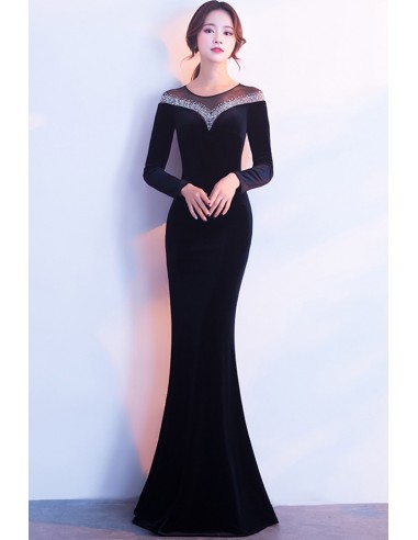 Sophisticated Velvet Long-sleeved Mermaid Gown with Bling Neckline