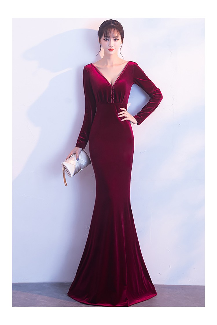 Vneck Long Velvet Formal Dress with Long Sleeves - $73.9875 #KNC49 -  SheProm.com