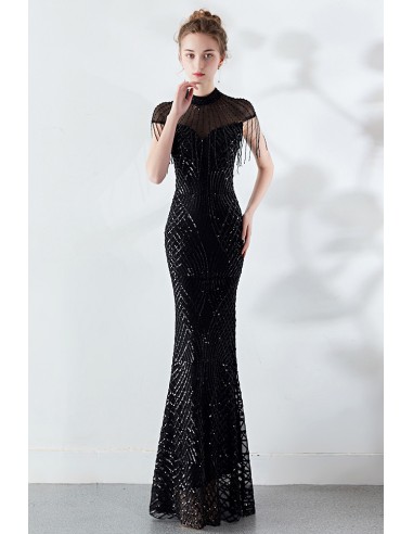 Sparkly Sequins Mermaid Long Evening Dress with Beaded High Neck