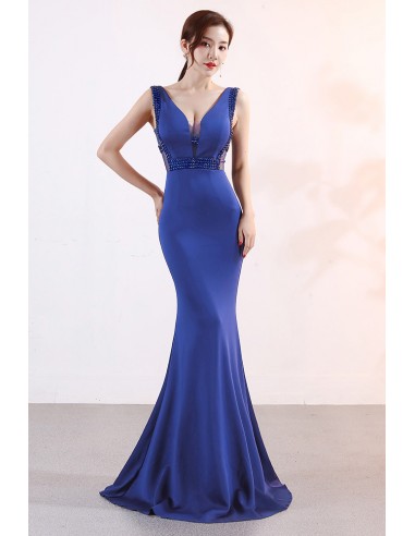 Vneck Fitted Mermaid Formal Dress with Sequined Waist