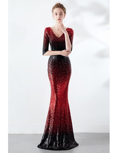 Vneck Long Formal Sequined Party Dress with Half Sleeves