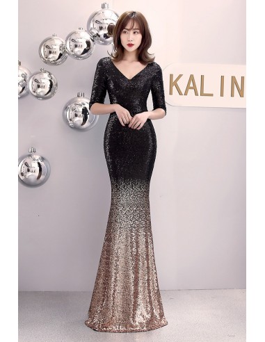Vneck Long Formal Sequined Dress with Half Sleeves