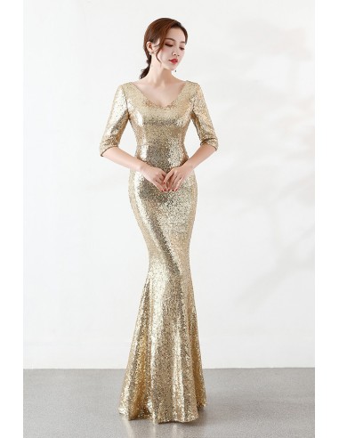 Elegant Mermaid Vneck Sparkly Formal Dress with Sleeves