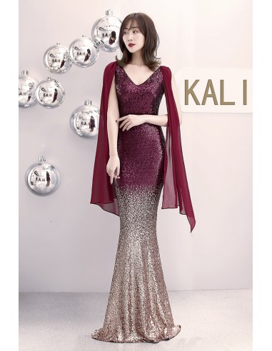 Vneck Mermaid Long Formal Sequined Dress with Cape
