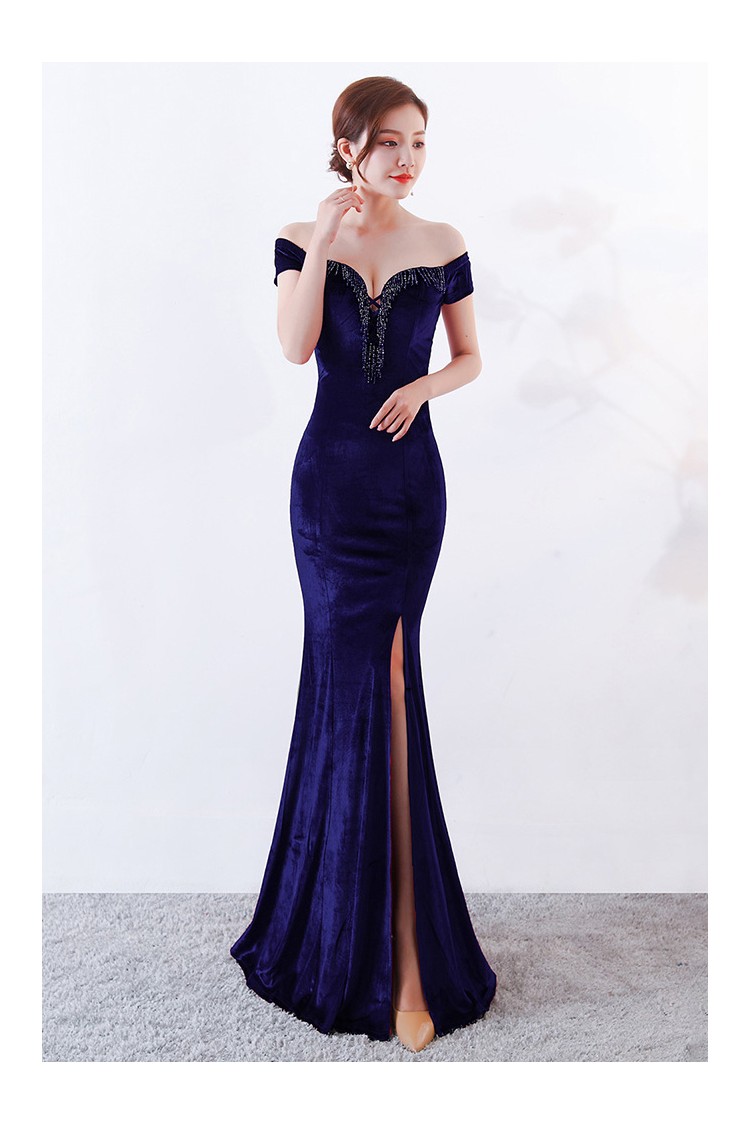 Off Shoulder Long Velvet Formal Dress with Split Front - $76.9875 # ...