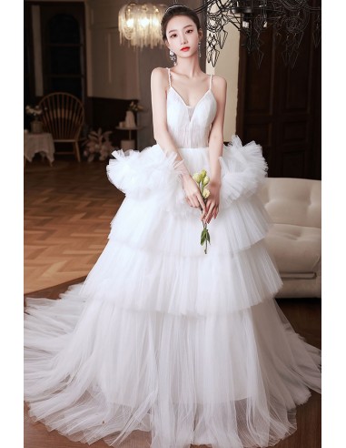 Unique White Ruffled Tulle Princess Prom Dress